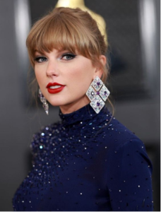 Retrato de Taylor Swift em evento de luxo 